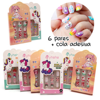 Unha postiça Coloridas e Desenhadas com adesivo Colante Infantil