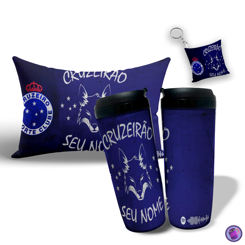 Kit com Seu Nome Copo Térmico, com Almofada e Almochaveiro Cruzeiro