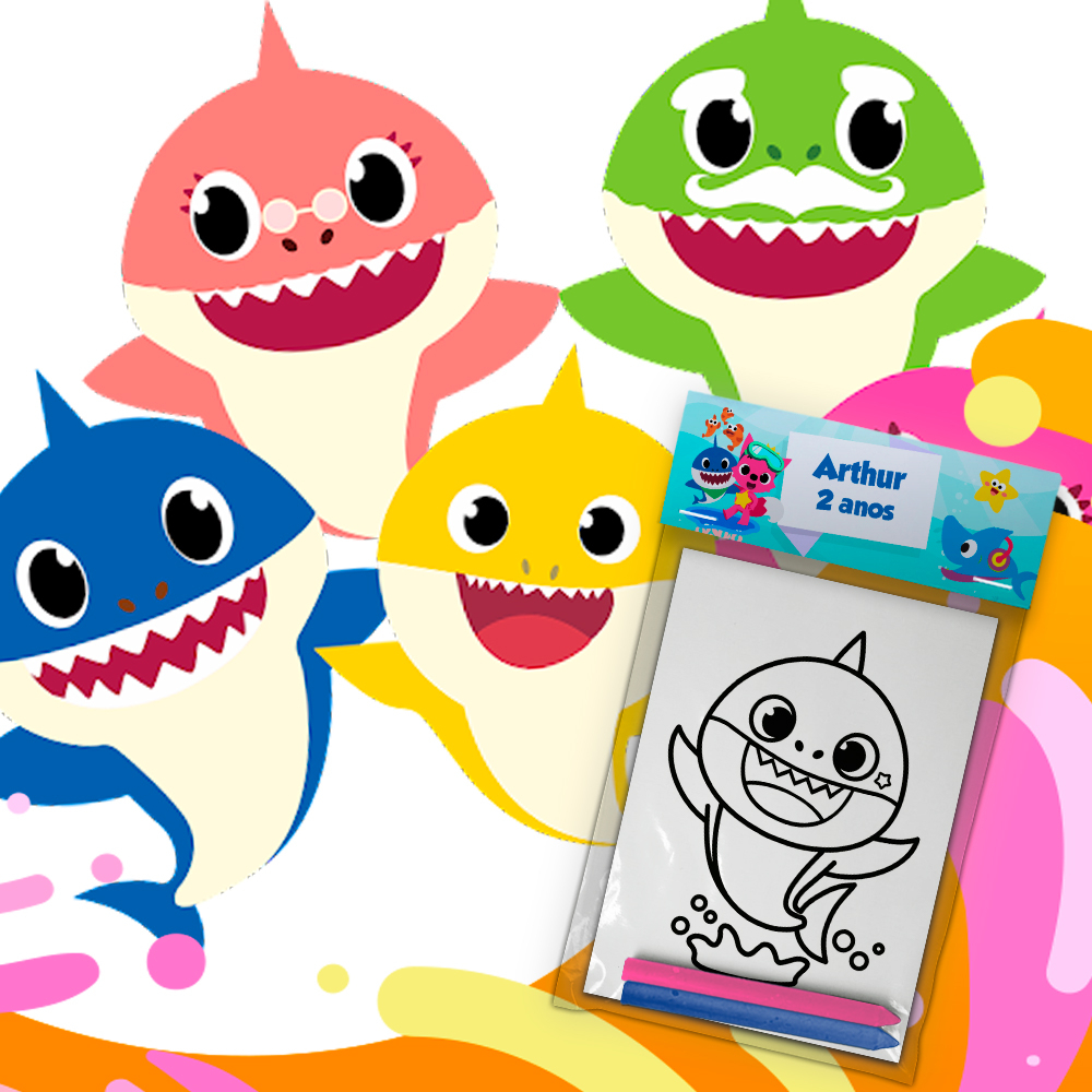 Kit Colorir Giz De Cera Lembrancinha Festa Infantil Personalizado Escolha Tema Babyshark Azul