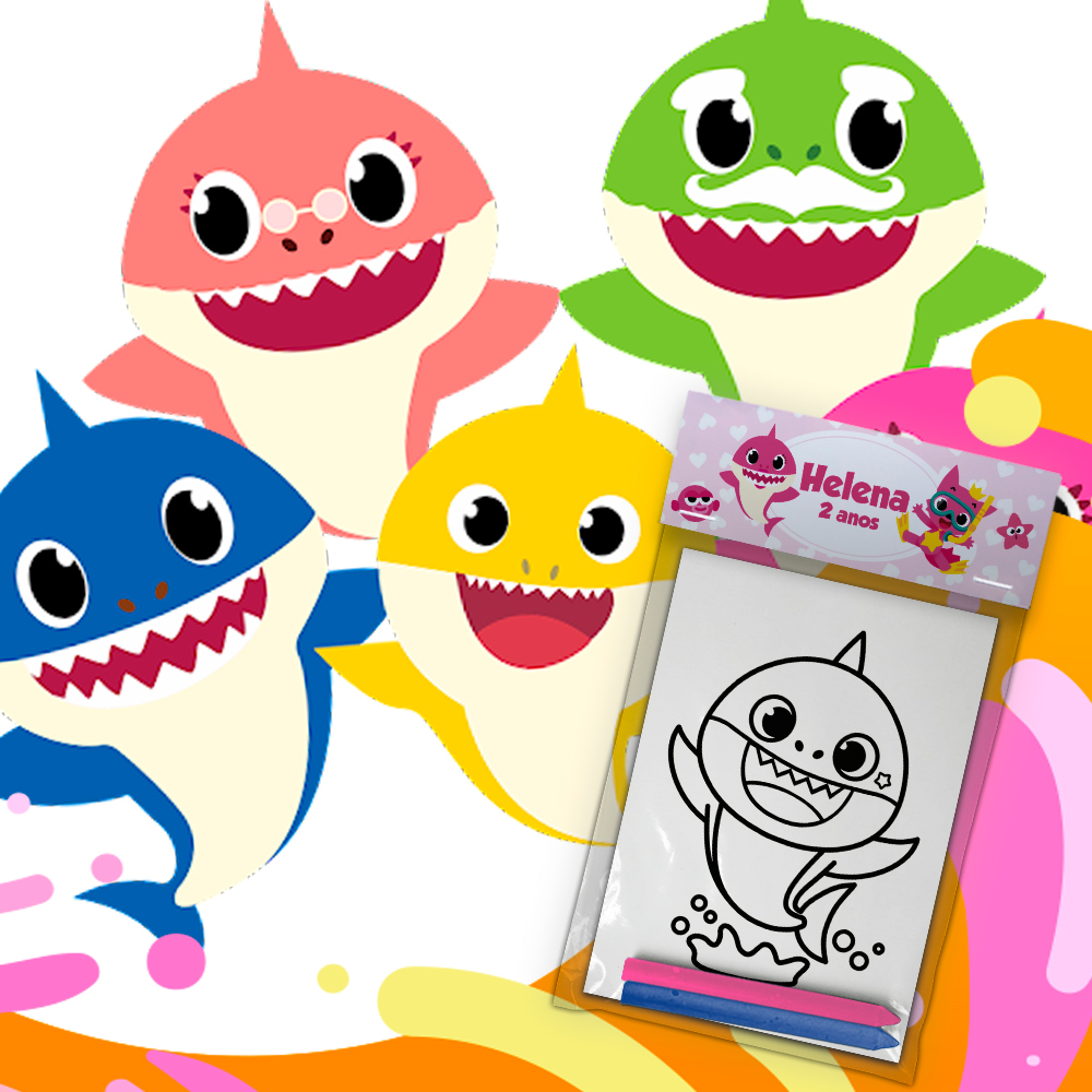 Kit Colorir Giz De Cera Lembrancinha Festa Infantil Personalizado Escolha Tema Babyshark Rosa