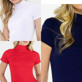 Kit 3 Blusas T-shirt Gola Alta Manga Curta Malha Canelada