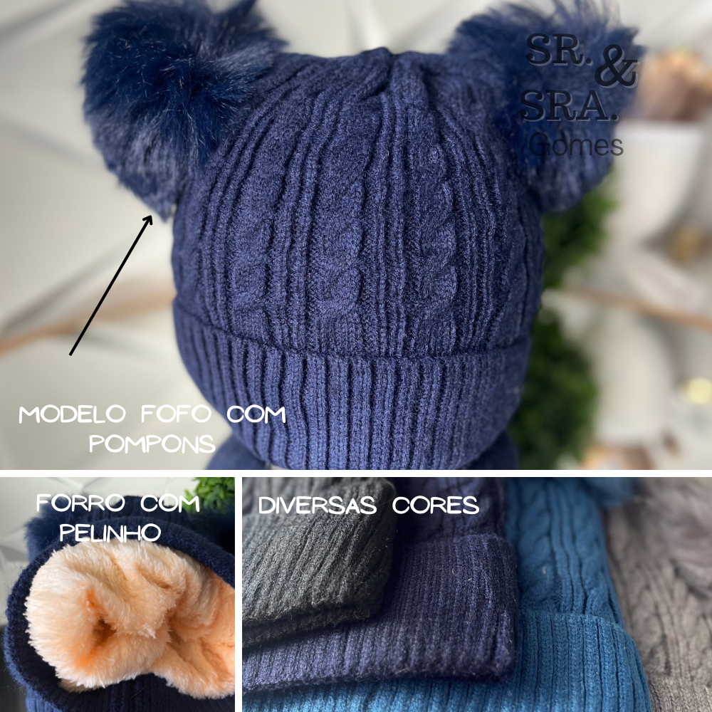 TOUCA GORRO INFANTIL PARA INVERNO COM DOIS POMPONS PARA MENINOS COM FORRO DE PELINHO PARA CRIANÇAS DE 1 Á 5 ANOS
