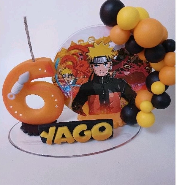 topo de bolo em biscuit Naruto. vela Naruto. topo de bolo Mini painel personalizado com biscuit.