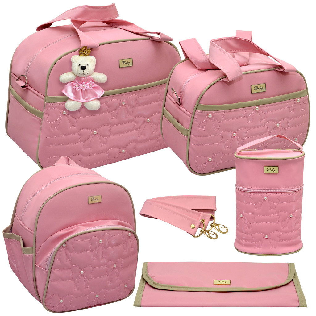 Kit Bolsa Mala Maternidade Menina 5 Peças Luxo Jeans Rosa