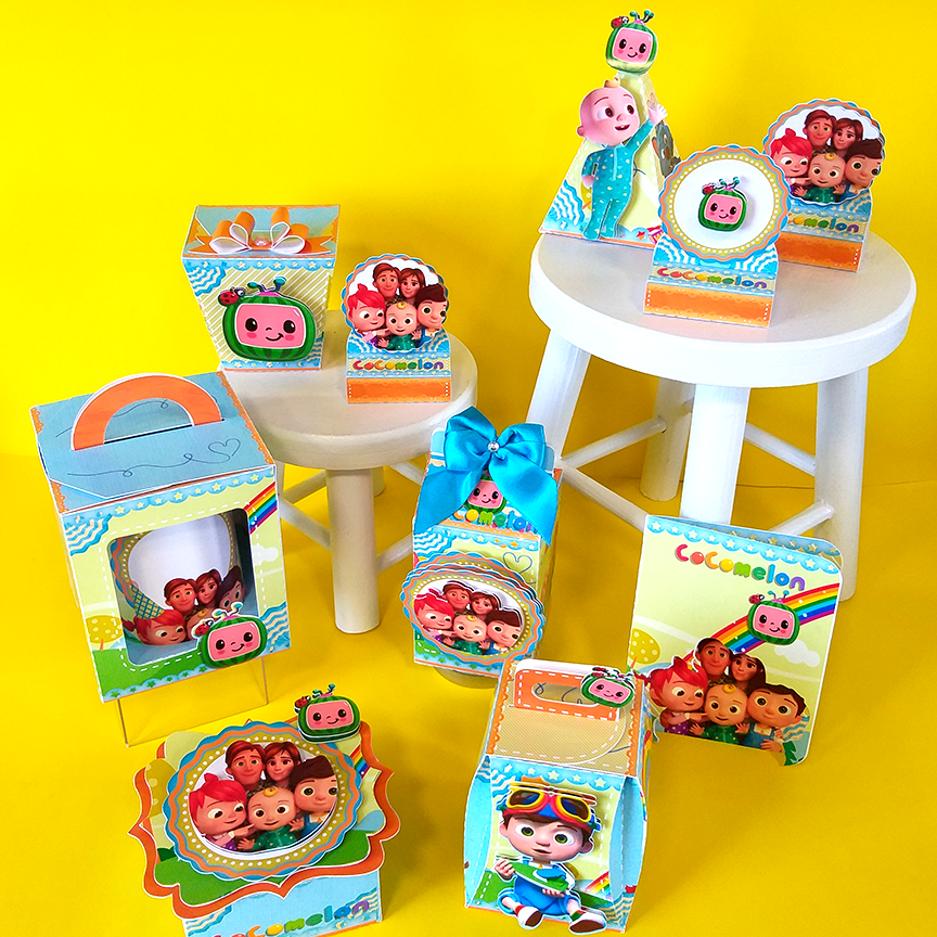 Caixinhas personalizadas, milk, cone e sushi, lembrancinhas, decoração Kit de festa aniversário cocomelon