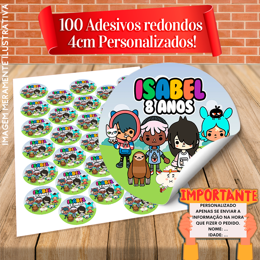 100 Adesivos Redondo 4cm Toca Life  Bento e o Toto e outros Temas
