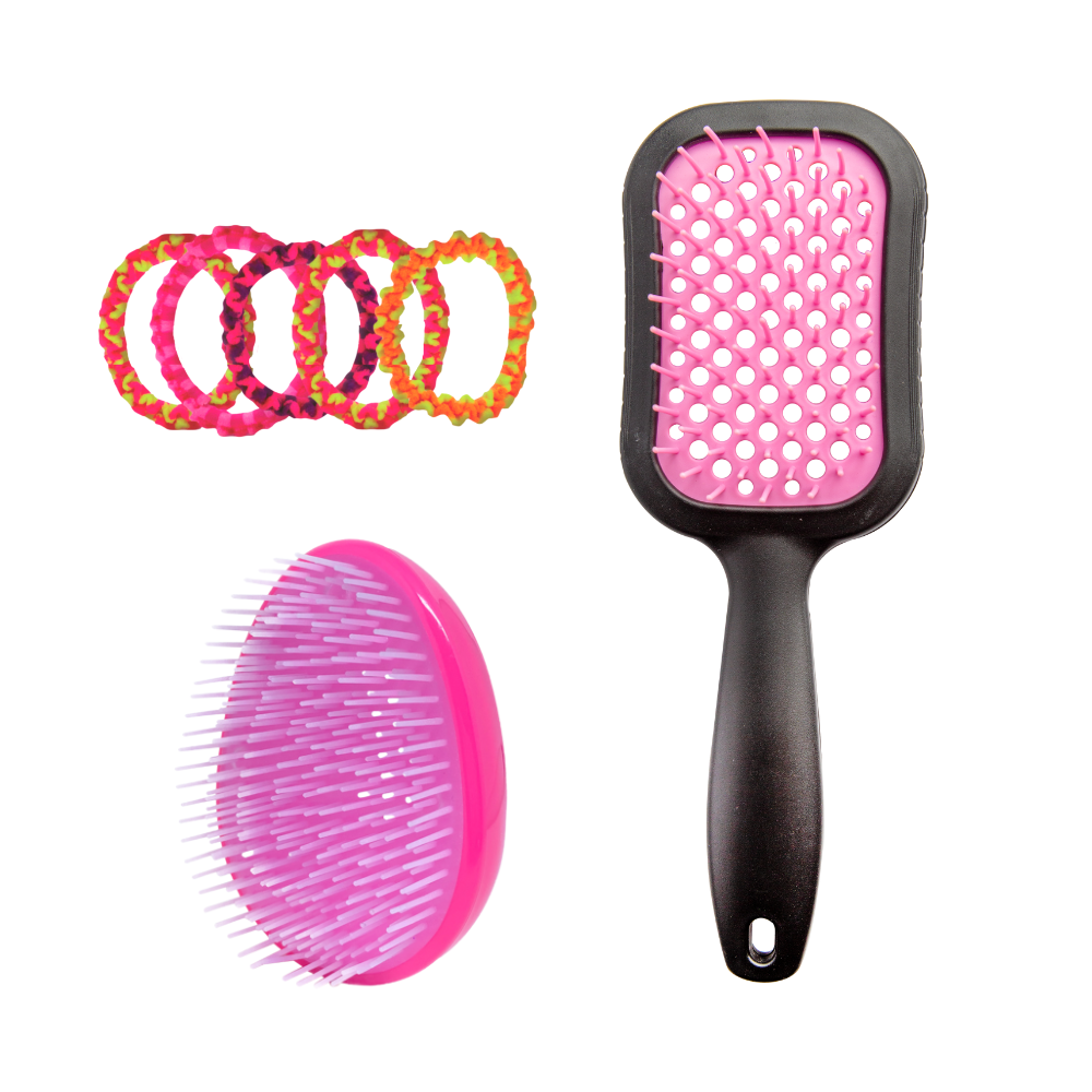 Kit Cabelo - 1 Escova vazada secagem rápida, 1 mini escova ovo desembaraçadora rosa e 6 elásticos kids bicolor