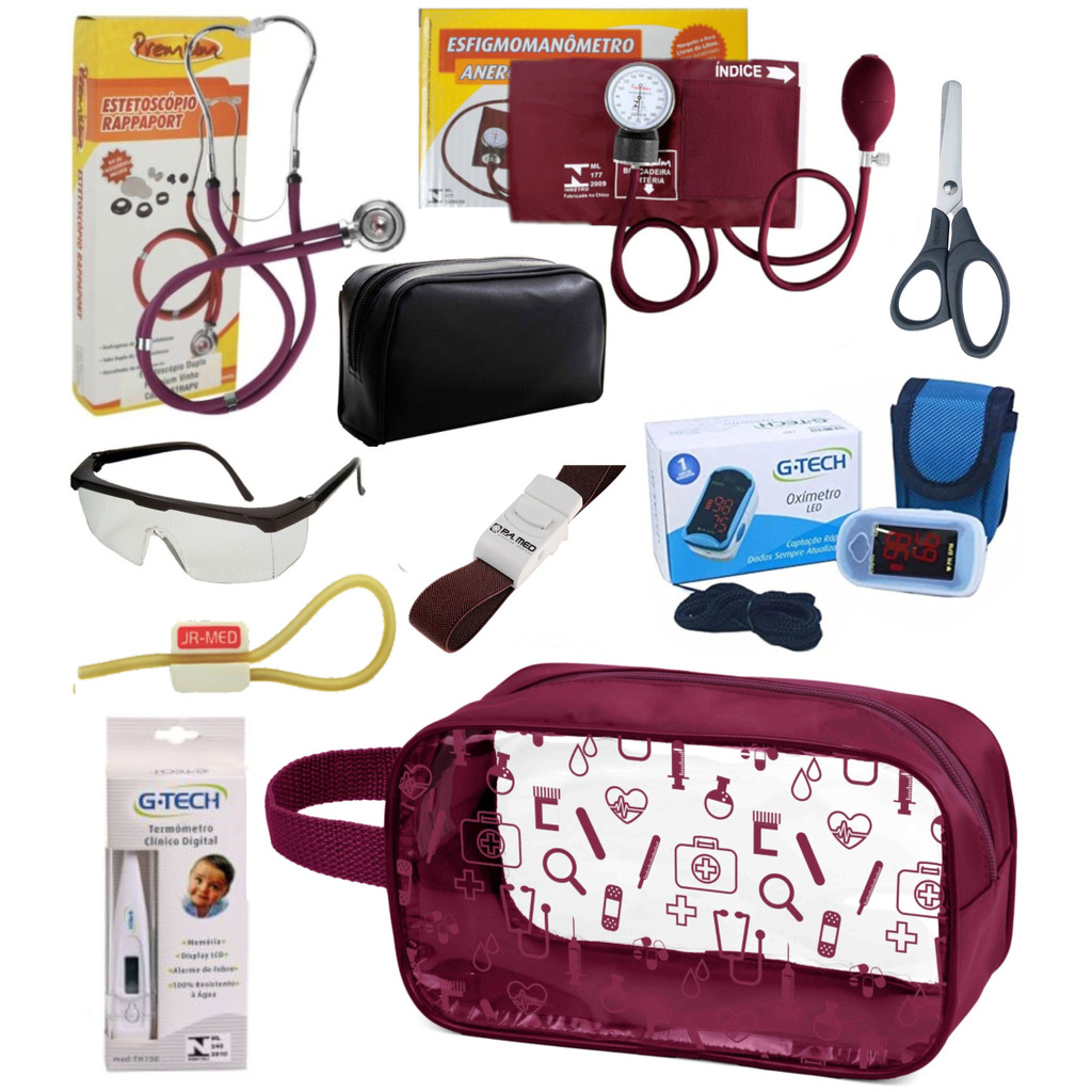 Kit Enfermagem Completo Aparelho De Pressão Esfigmomanômetro Premium Colorido com Oxímetro Original G-TECH