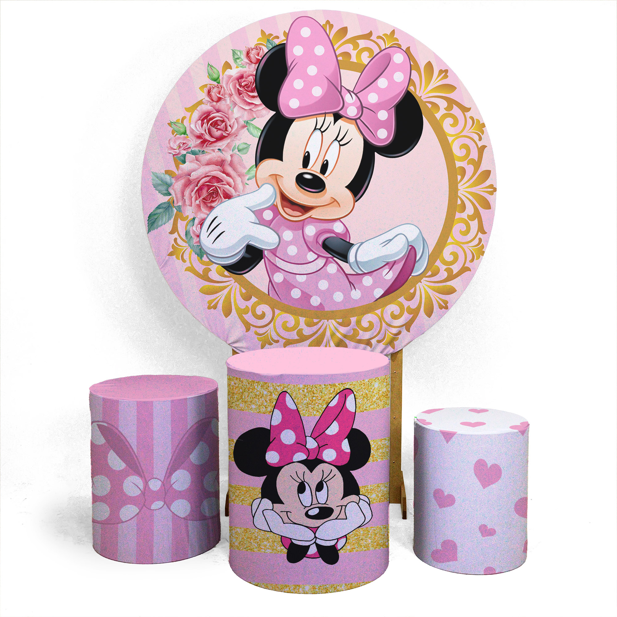 Kit Capa Painel 1,5 x 1,5 Trio Capa Cilindro Aniversário Veste Fácil Tema Minnie Rosa