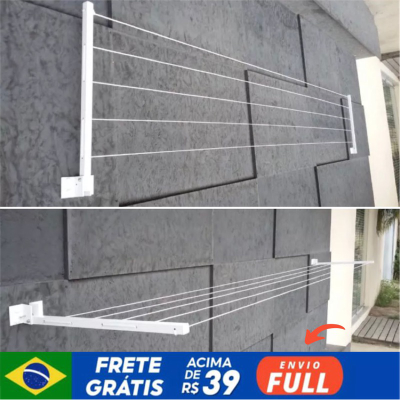 Varal De Roupa Alumínio Articulado Retratil Parede 5 Cordas