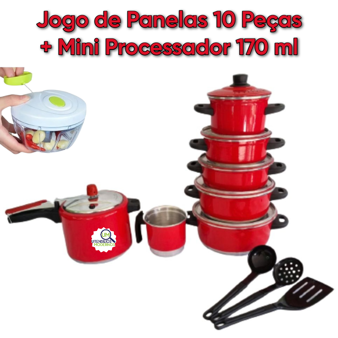 Jogo de Panelas 5 pçs Color + Panela de Pressão 4.5 litros + Mini Processador Manual 170 ml + Fervedor de leite n 12 + Espatula