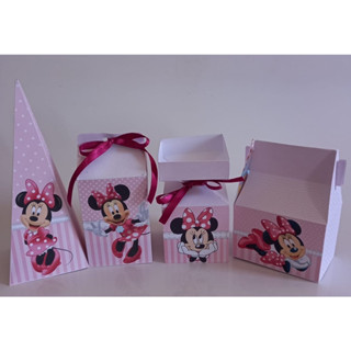 KIT IMPRESSO 30 CAIXAS CAIXINHAS MILK PIRAMIDE CONE MALETA BALA MINNIE ROSA PERSONALIZADAS