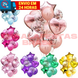 Kit Balão Buque 14 Peças Metalizado Com Confete em Oferta na Shopee