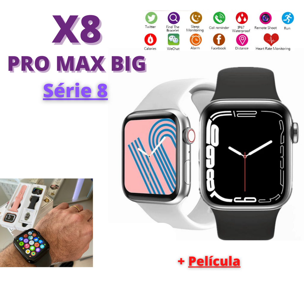 Smartwatch X8 Pro Max Big Série 8 Relógio Inteligente Faz e Recebe Ligações Bluetooth Coloca Foto na Tela