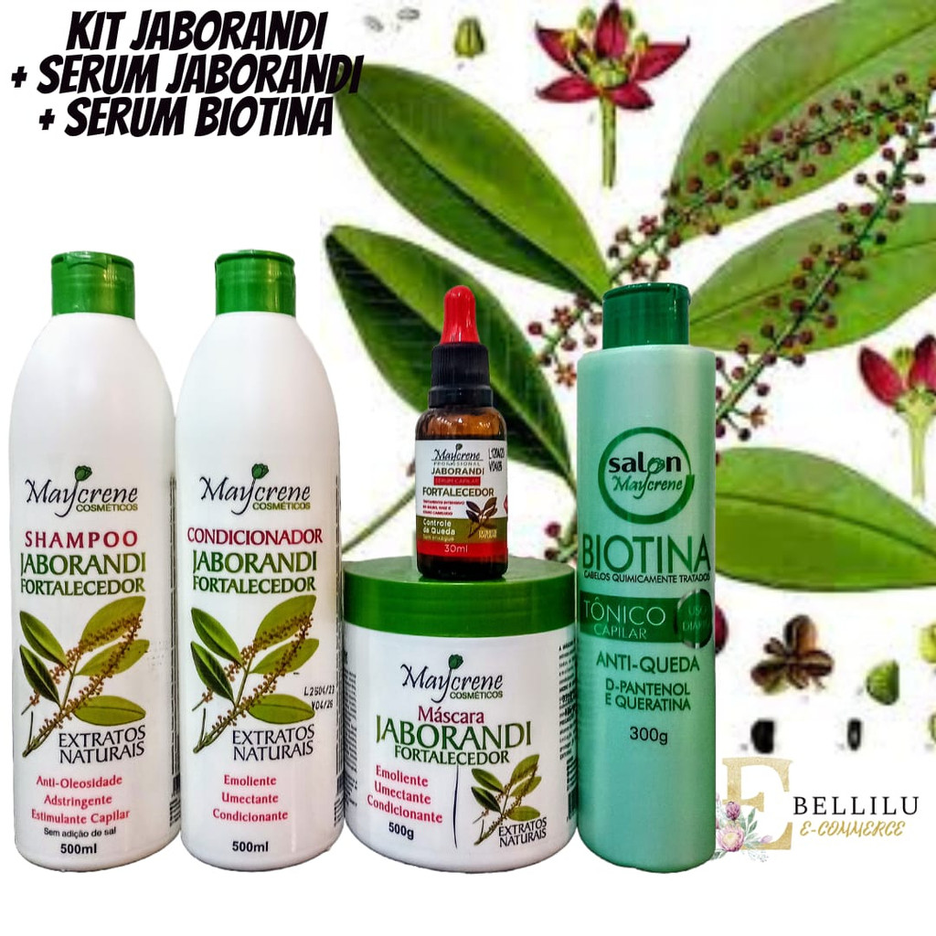 Kit Jaborandi Fortalecedor (shamp+cond+masc+Tônico Biotina 300g)+SERUM CAPILAR JABORANDI 30ML MAYCRENE