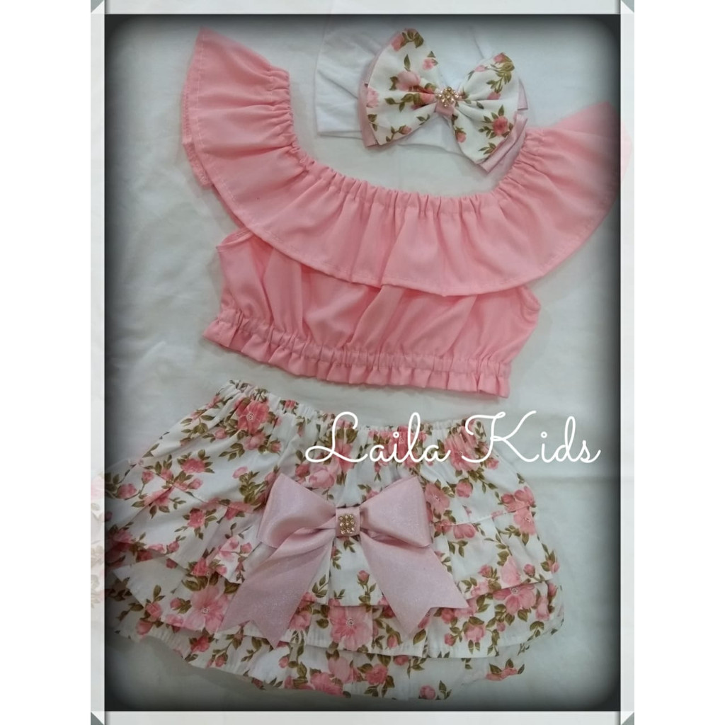 Conjunto Ciganinha Croped Top Tiara Tematico Bebe Menina Macacão Calcinha Bunda Rica Baby Laço Infantil Mesversario Ensaio