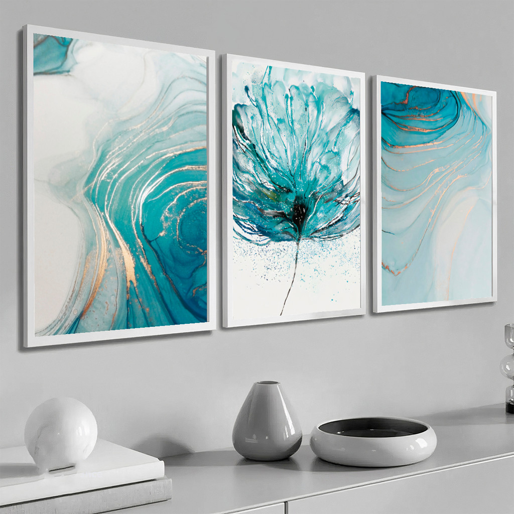 Trio Quadros Decorativos Para Sala Moldura Floral Abstrato Quarto