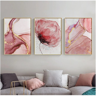 Quadros Decorativo 3 peças 60x40 Mosaico Mdf Alta Resolução Full HD flor rosa delicada moderna abstrata para sala quarto hall em Oferta na Shopee