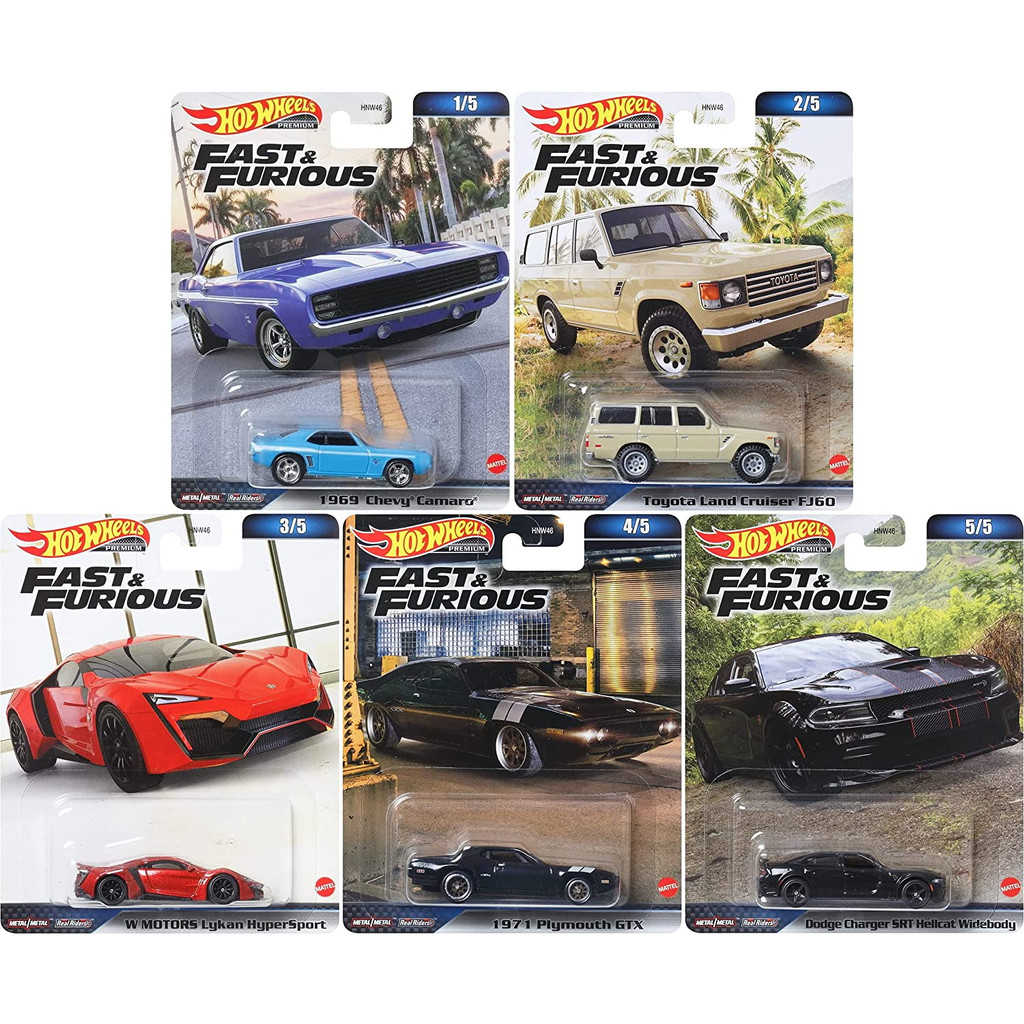 Hot Wheels Rodas Quentes Rápido E Furioso (HKD24 1969 Chevy Camaro , HNW55 1971 Plymouth GTX , HNW50 Dodge Charger SRT Hellcat Corpo Largo , HNW49 W Motores Lykan Hyper Sports , HNW53 Toyota Land Cruiser FJ60) 1 : 64 Modelo De Escala De Transmissão Carro