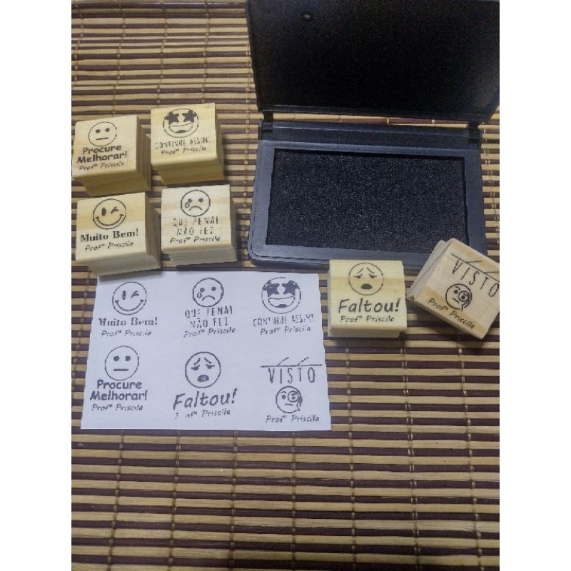 kit 6 carimbos emoji, professora, Pedagógico, escolar + carimbeira