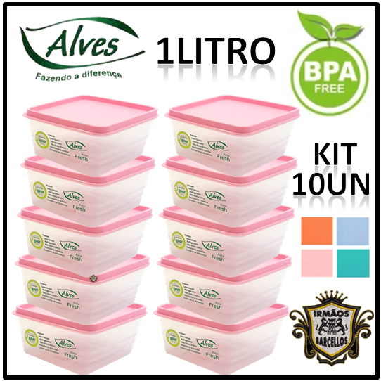 Kit 10 Pote Quadrado Multiuso 1 Litro Plástico Fresh Color - Potes De Plastico Kit Marmita Utensílios De Cozinha Potinhos Alves