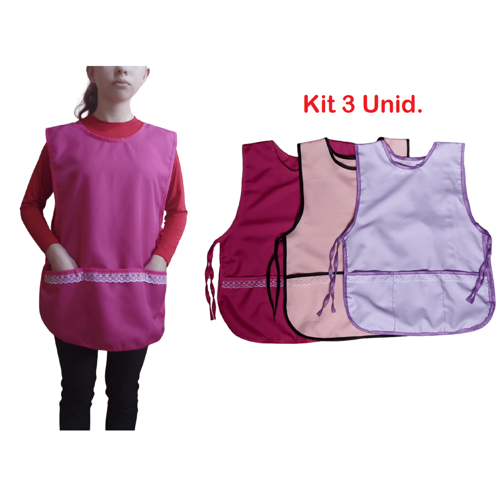 Kit 3 Avental Feminino Cozinha Oxford Com 3 Bolsos e Cores no Jaleco e Bata Para Escolar e Restaurante