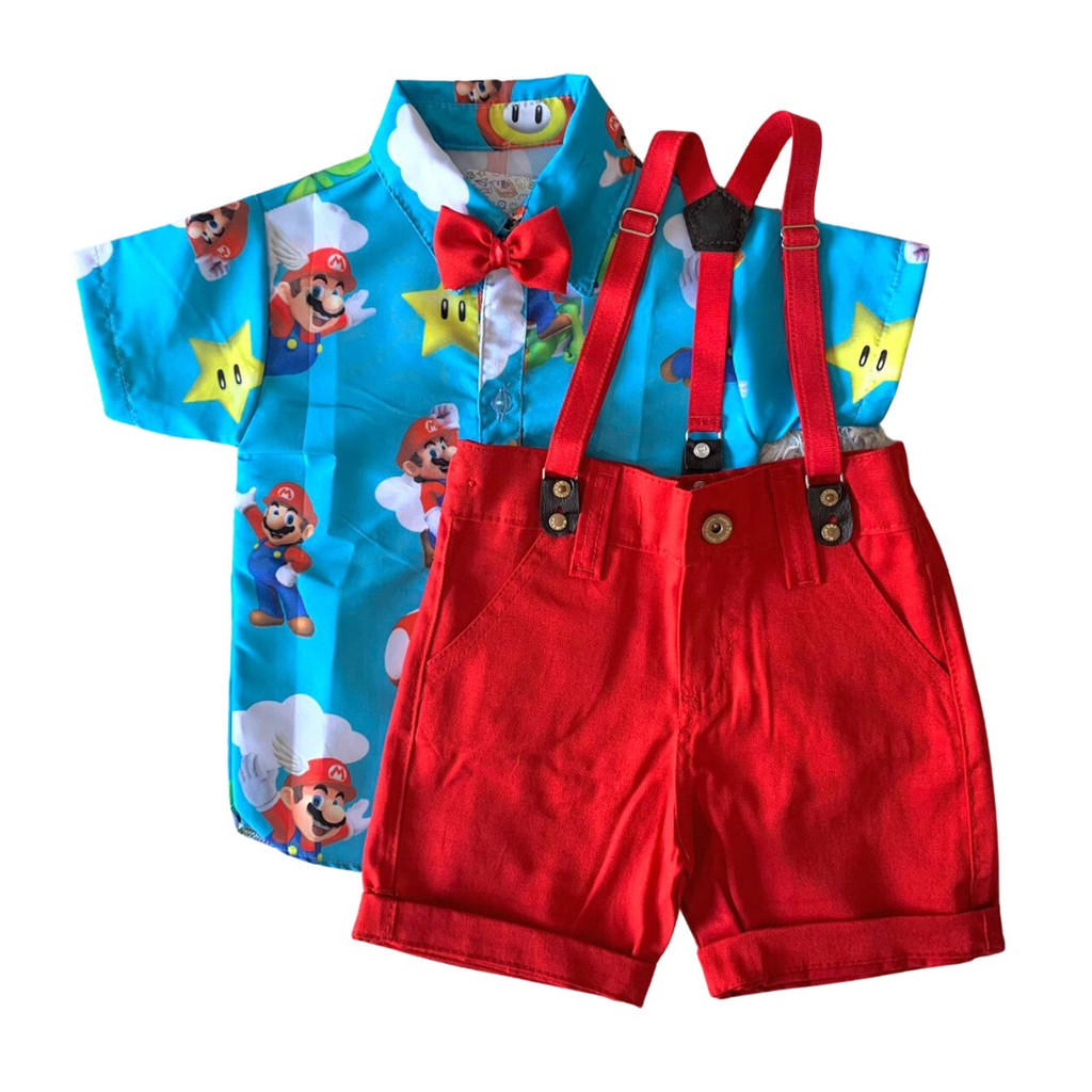 ROUPA MARIO BROS para bebe menino super mario conjunto festa Camisa Gravata Bermuda e Suspensório