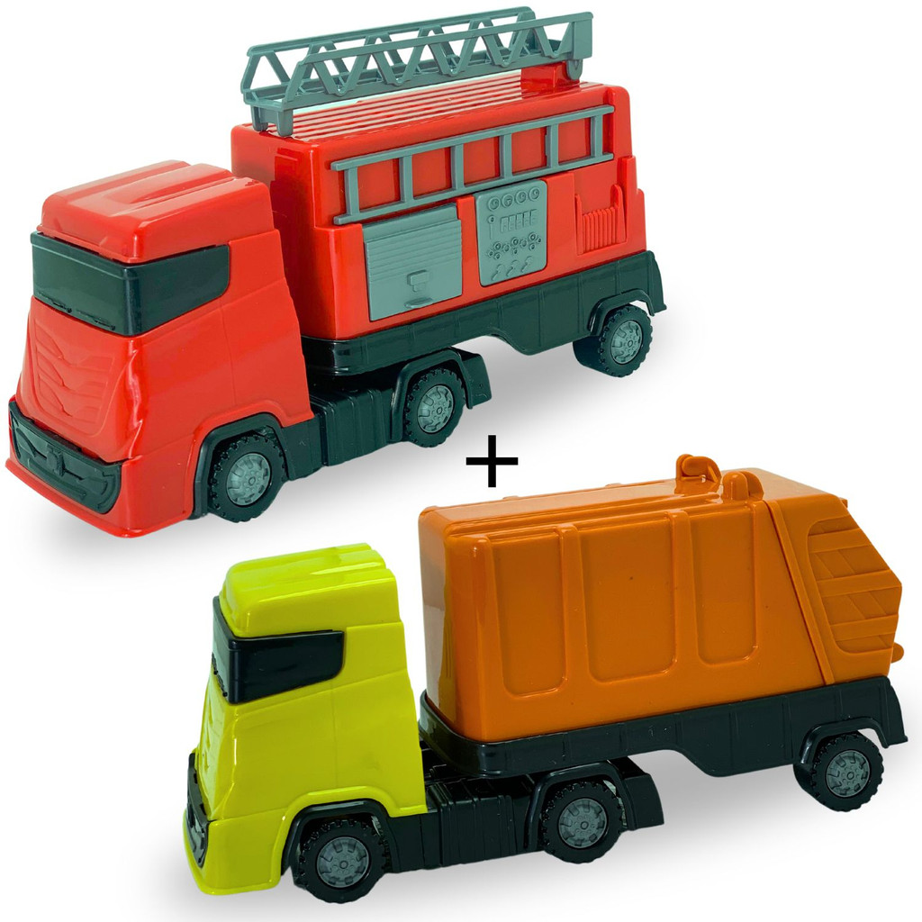 Kit Brinquedo P/ Menino Caminhão Bombeiro + Caminhão Lixo Brinquedos Realistas