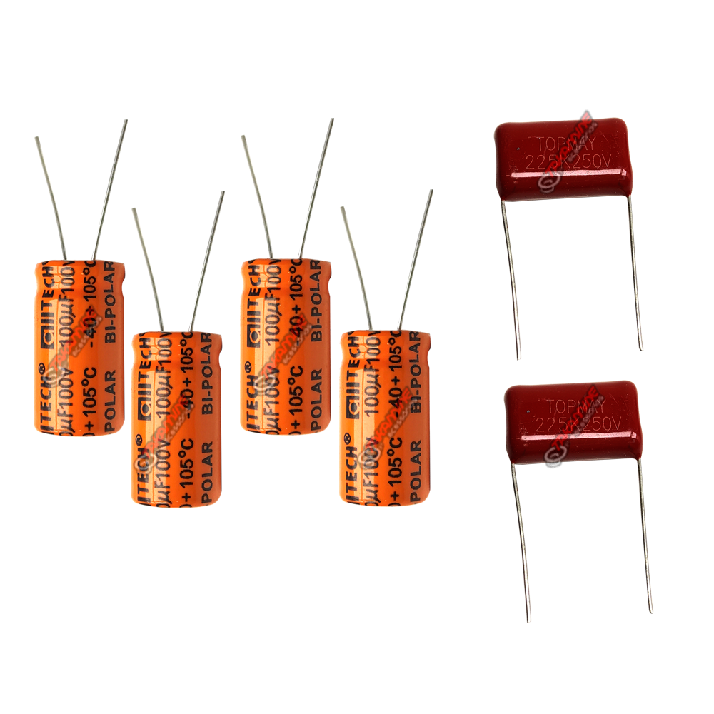 Kit com 4 Capacitores eletrolíticos bipolares 100uf 100v para alto falantes + 2 Capacitores para tweeter