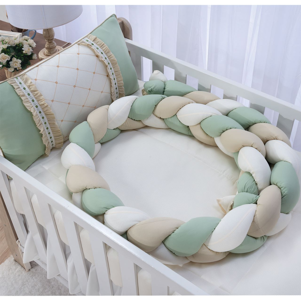 KIT ENXOVAL PARA BERÇO BEBÊ MODELO DE TRANÇA MOSAICO VERDE/BEGE NEUTRO MENINO LUXO