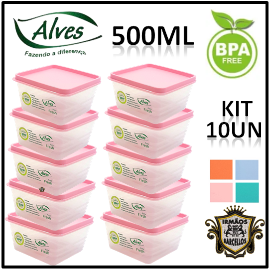 Kit 10 Pote Quadrado Multiuso 500ML Plástico Fresh Color - Potes De Plastico Kit Marmita Utensílios De Cozinha Potinhos Alves