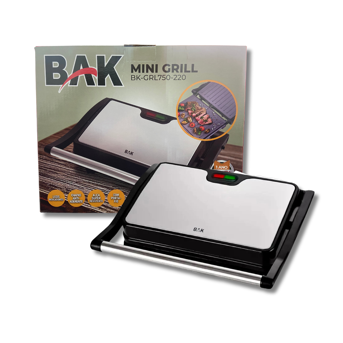 Sanduicheira Grill Bak Elétrico 220v Grelha Torradeira Cozinha 750w de Potência Carnes Churrasco Alça Anatômica