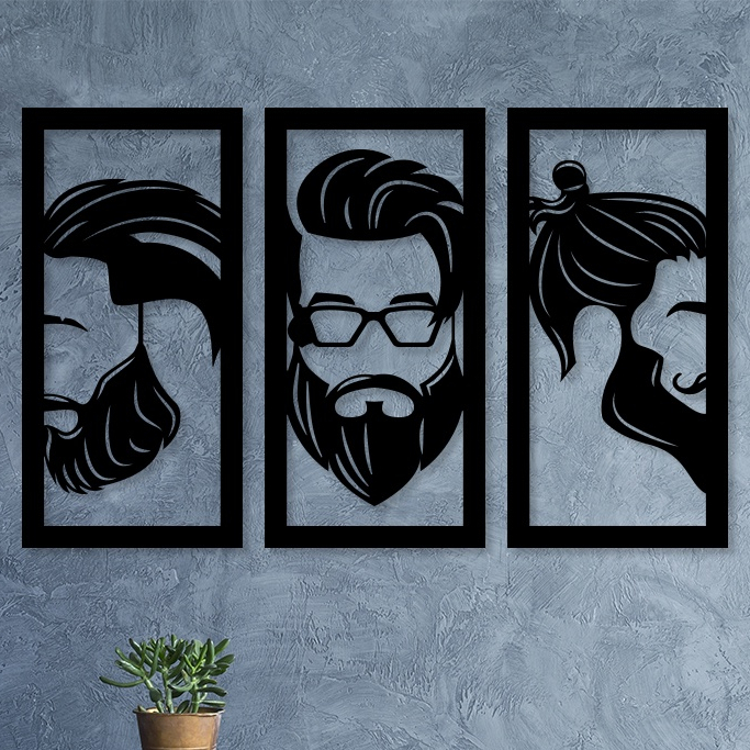 Kit de 3 Quadros Barbearia em Mdf Preto 3mm Vazado Decoração