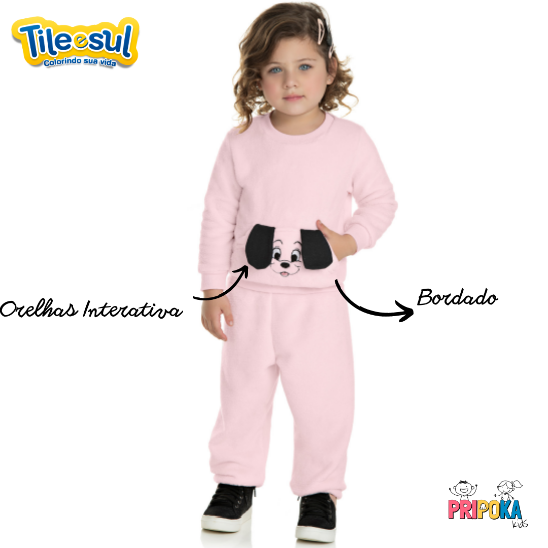[[Tam.1 ao 3] Conjunto de inverno em Pelo e Moletom Menina Tile e Sul Longo Infantil Estampado