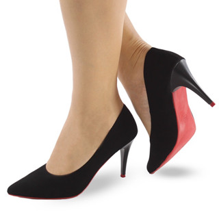 Scarpin Nobuk Preto Feminino Salto Médio Confort Sola Vermelha Inspiração Tendência Primavera/Verão Blogueiras.