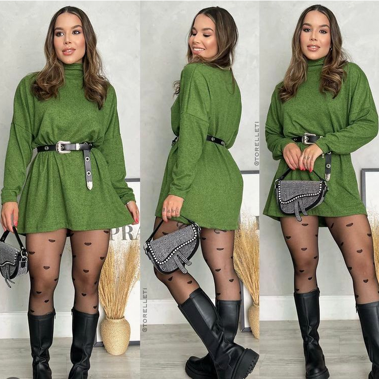 Vestido Feminino Manga Longa Gola Alta Lanzinha Lã Poncho Max Mini Vest Blusão Moda Blogue...