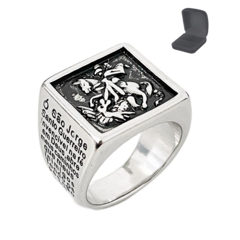 Anel Masculino  Oração São Jorge  Aço Inox 316L Proteção Prateado em Oferta na Shopee