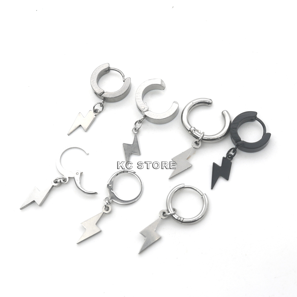 Brinco de pressão argola de raio em aço inox prata preto não escurece antialérgico masculino feminino brincos de moda não prateja
