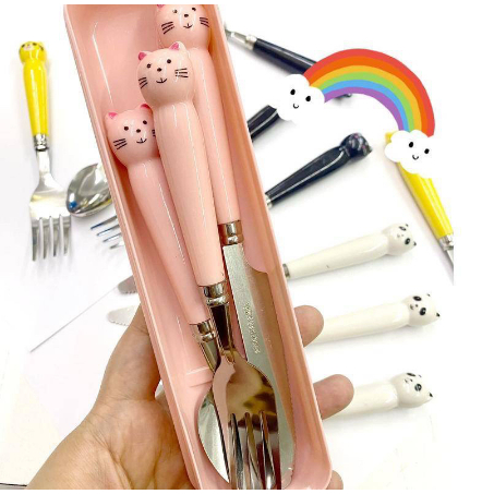 Conjunto Talher Animais inox Colher, Garfo, faca Infantil de Gatinho cabo de plástico acompanha estojo para os talheres em Oferta na Shopee