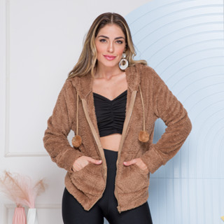 Casaco Teddy De Pelinho Feminino C/ Capuz e Ziper