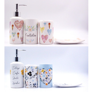 Kit de Banheiro (KB3503) Cerâmica 4 Peças Porta Sabonete Líquido /Saboneteira/Porta Escova/Porta algodão