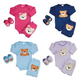 Conjunto Body Bebê Pagão c/ Calça Mijão e Sapatinho Bordado Ursinha(o) Kit 3 Peças