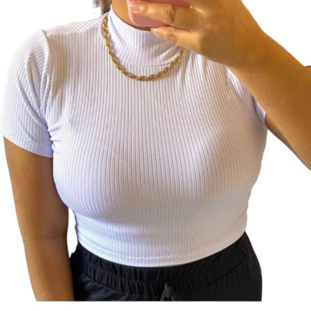 Cropped Feminino Malha Canelada Manga Curta/ Blusa Cropped Gola Alta.