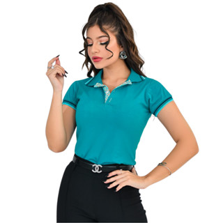 Camisa baby look feminina gola polo manga curta