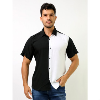 Camisa Social Masculina Bom Pano Manga Curta Lisa preta e branca-A36