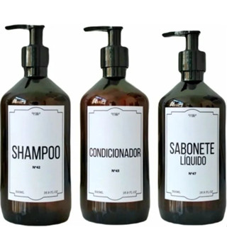 KIT 3 Frasco Ambar Banho Shampoo Sabonete Líquido e Condicionador Refil com Válvula Decoração Minimalista