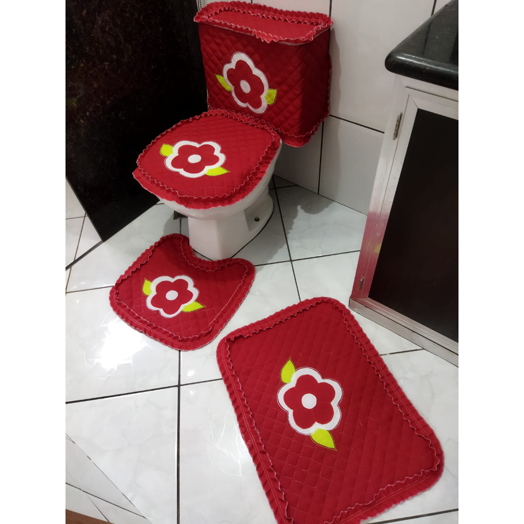 Jogo de banheiro flor bordado kit tapetes 4 peças com capa para caixa acoplada decoração floral enxoval elegante tecido metalassê