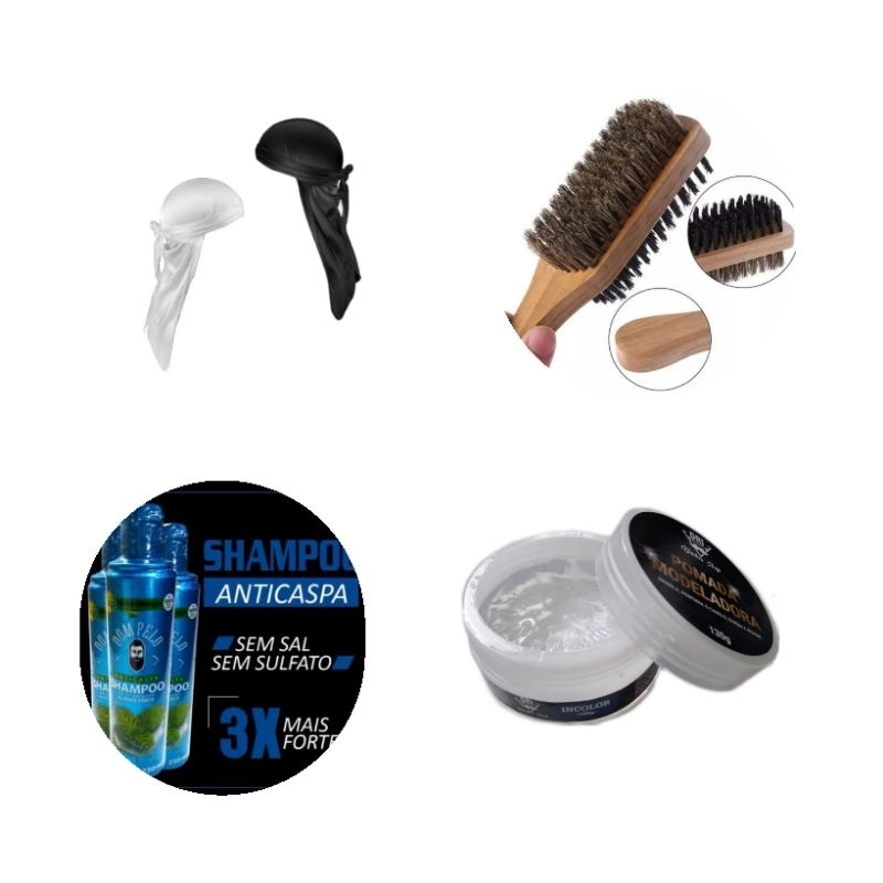 kit king Waves 2 Durag Prt/bco 1 Escova Waves dupla 1 Shampoo Anticaspa 1 Cera incolor para cabelo