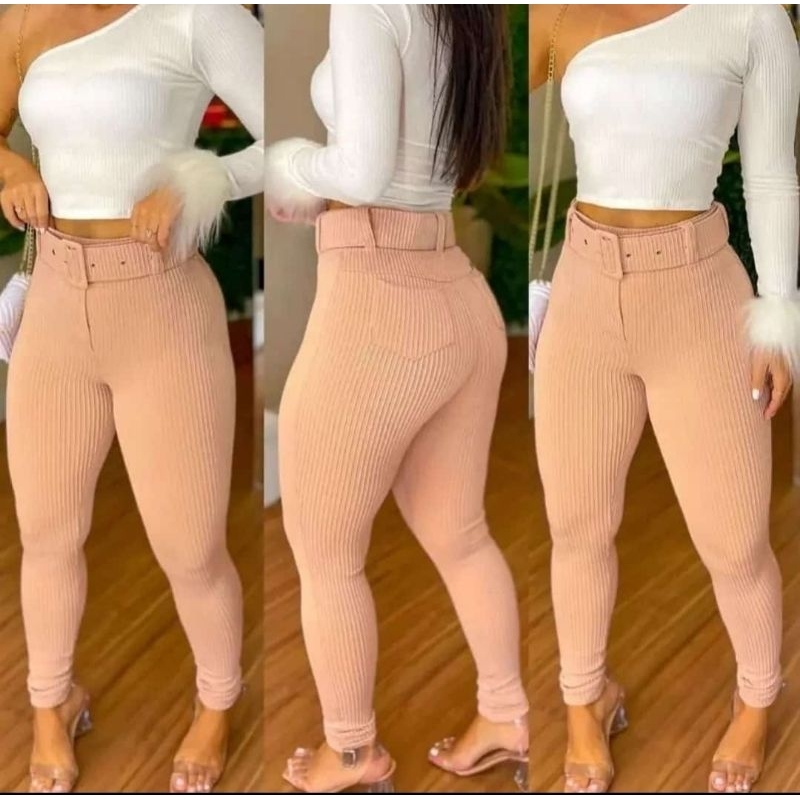calça legging modeladora com cinto e bolso atrás tecido canelado 3D super confortável e não transparente