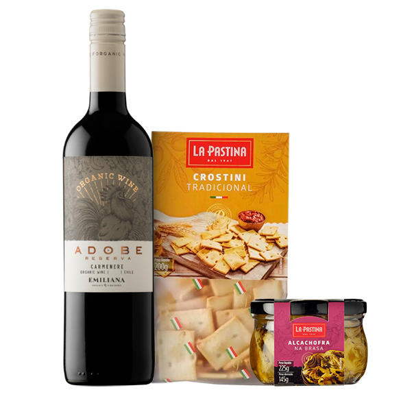 Kit Vinho Chileno Tinto Carmenere Adobe Orgânico 750ml + Alcachofra + Crostini La Pastina